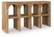 Ashley Furniture Luzmanacy console sofa table with a sleek wooden design and modern metal legs, shown from an angled side view.