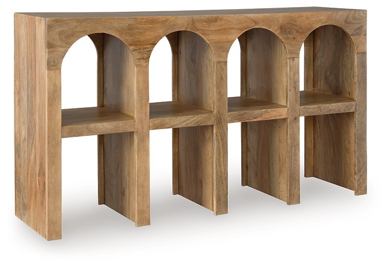 Ashley Furniture Luzmanacy console sofa table with a sleek wooden design and modern metal legs, shown from an angled side view.
