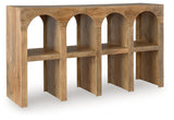 Ashley Furniture Luzmanacy console sofa table with a sleek wooden design and modern metal legs, shown from an angled side view.