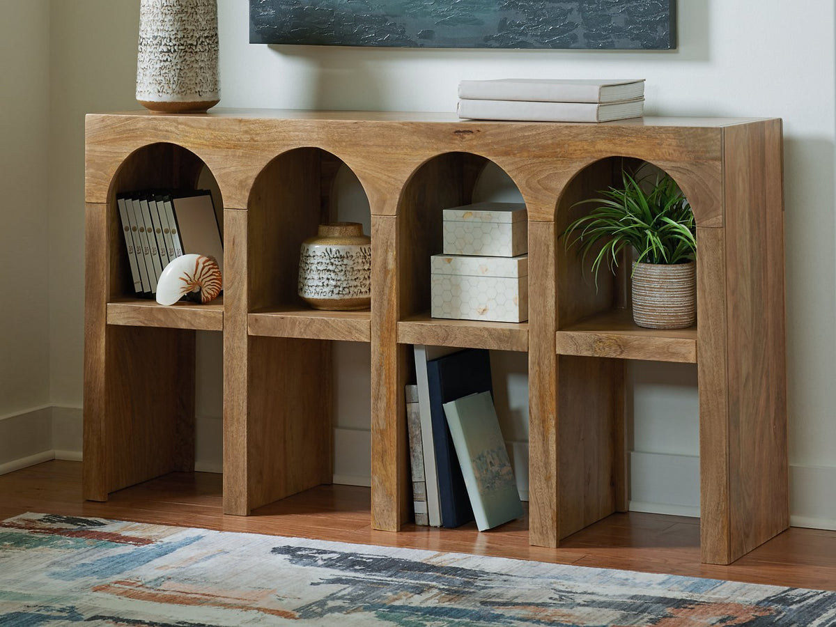 Ashley Furniture Luzmanacy console sofa table with a sleek wooden design and modern metal accents, ideal for living room decor.