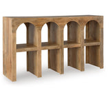 Ashley Furniture Luzmanacy console sofa table with a sleek design, shown from an angled side view.