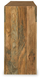 Ashley Furniture Luzmanacy Console Sofa Table with sleek wooden surface and modern design, shown from a side view.