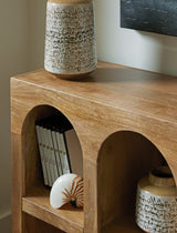 Ashley Furniture Luzmanacy console sofa table with a sleek wooden top and metal frame, ideal for entryways or living rooms.