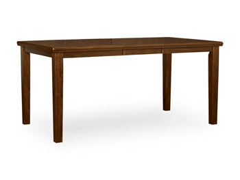 Ashley Furniture Ralene counter height dining extension table shown from an angled side view, featuring a polished wooden surface.