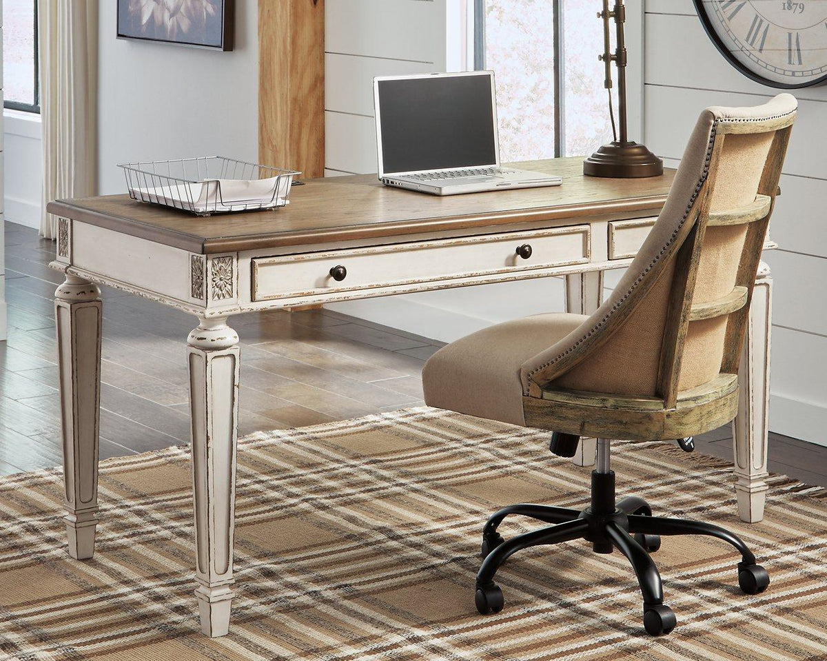 Ashley Furniture Realyn 2-Piece Home Office Desk set with spacious work surfaces and modern design for a stylish workspace.