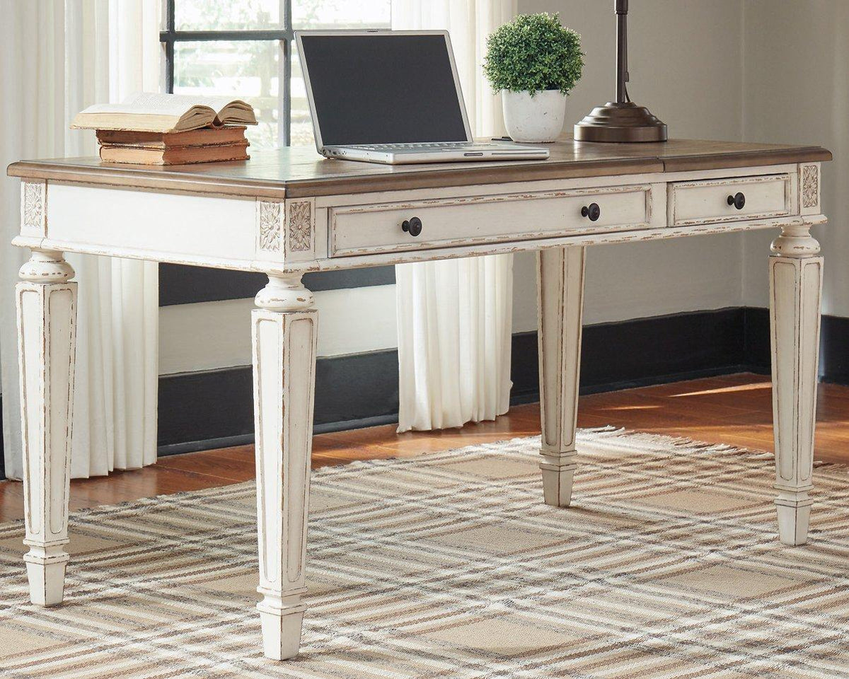 Ashley Furniture Realyn 2-Piece Home Office Lift Top Desk with wood finish and adjustable height for versatile workspace.