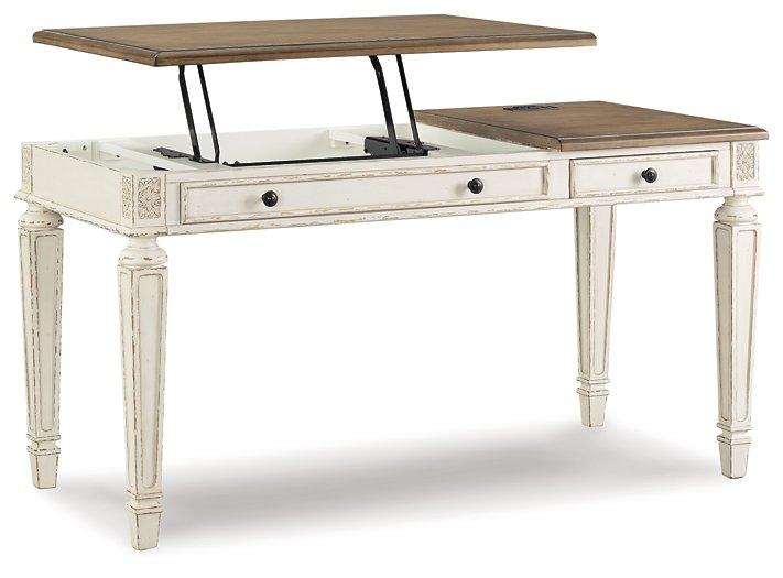 Realyn 2-piece home office lift top desk by Ashley Furniture, showcasing the wood finish and functional lift-top design.