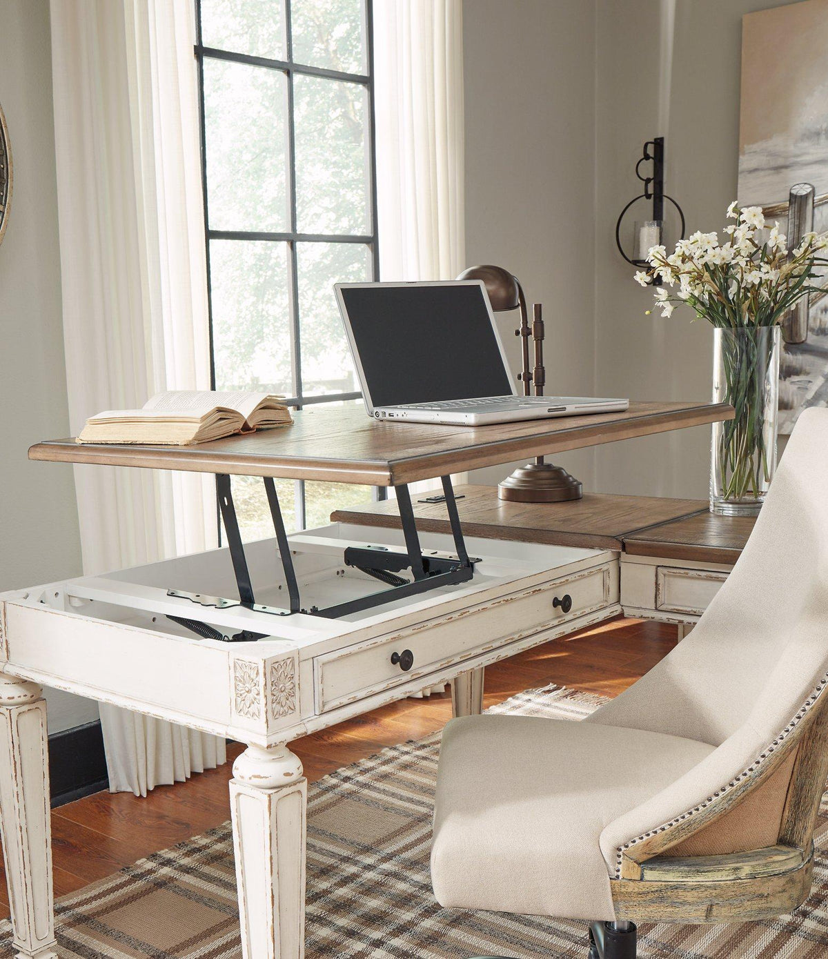 Ashley Furniture Realyn 2-piece home office lift top desk with wood finish and spacious work surface, perfect for workspace organization.