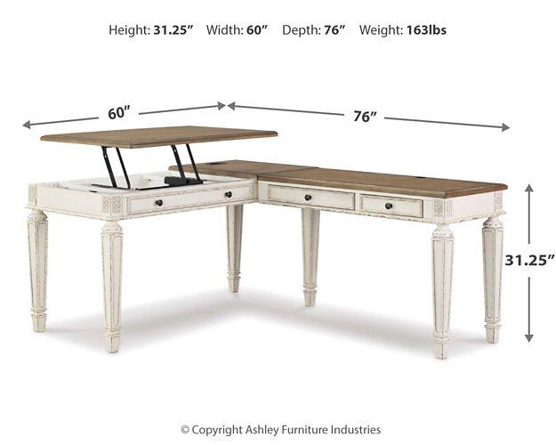Ashley Furniture Realyn 2-Piece Home Office Lift Top Desk with a sleek wooden surface and modern design for workspace versatility.