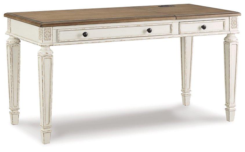 Ashley Furniture Realyn Home Office Lift Top Desk with wooden surface and storage compartments, ideal for workspace organization.