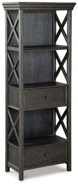 Ashley Furniture Tyler Creek display cabinet with glass doors and wooden shelves, showcasing elegant storage and display space.