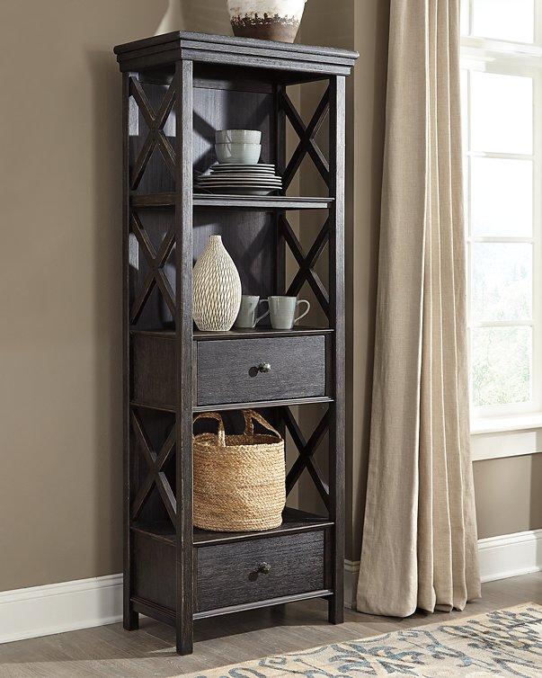 Ashley Furniture Tyler Creek display cabinet with glass doors and wooden shelves, showcasing elegant storage and display space.