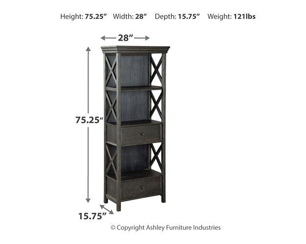 Ashley Furniture Tyler Creek display cabinet with glass doors and wooden shelves, showcasing elegant storage and display space.