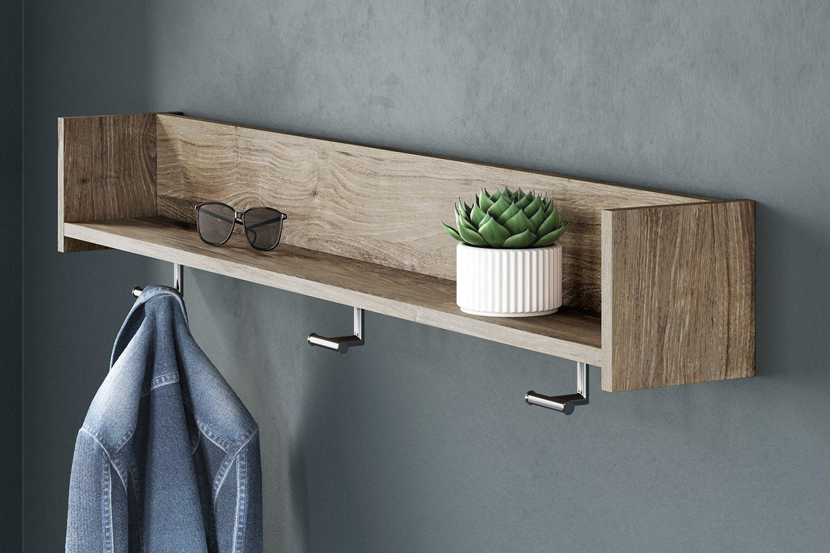 Ashley Furniture Oliah wall-mounted coat rack with shelf, featuring hooks and storage space for entryway organization.