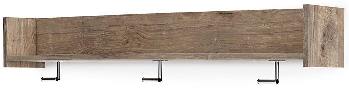 Ashley Furniture Oliah wall-mounted coat rack with shelf, featuring hooks and storage space for entryway organization.