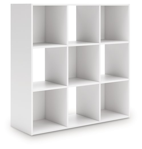 Ashley Furniture Onita Nine Cube Organizer with angled open design, black finish, and versatile storage cubes for home organization.