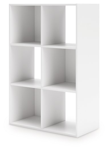 Ashley Furniture Onita Six Cube Organizer with angled shelves, featuring a sleek wood finish and six cube storage compartments.