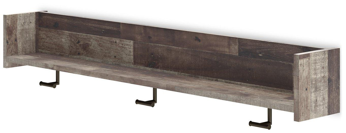 Wall-mounted Ashley Furniture Neilsville coat rack with shelf, featuring hooks and wooden shelf for entryway organization.