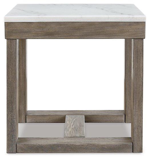 Loyaska end table by Ashley Furniture featuring a wooden top and modern design, suitable for living room or bedroom decor.