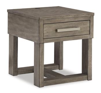 Ashley Furniture Loyaska End Table with wooden top and sleek metal legs, modern design for living room accents.