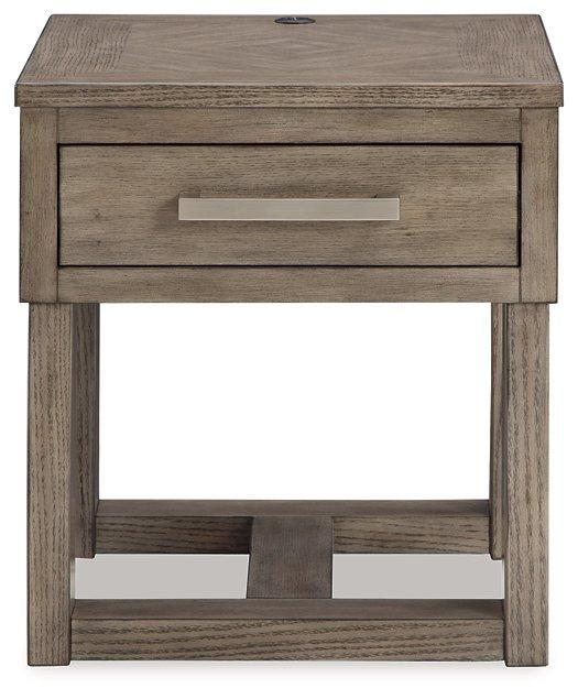 Ashley Furniture Loyaska End Table with a sleek wooden finish and modern design, perfect for living room decor.