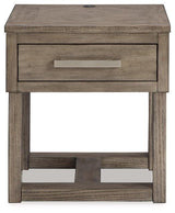 Ashley Furniture Loyaska End Table with a sleek wooden finish and modern design, perfect for living room decor.