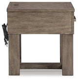 Ashley Furniture Loyaska End Table with wooden top and black metal legs, modern design for living room décor.
