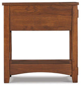 Ashley Furniture Breegin chairside end table with a wooden top and tapered legs, perfect for living room or bedroom.