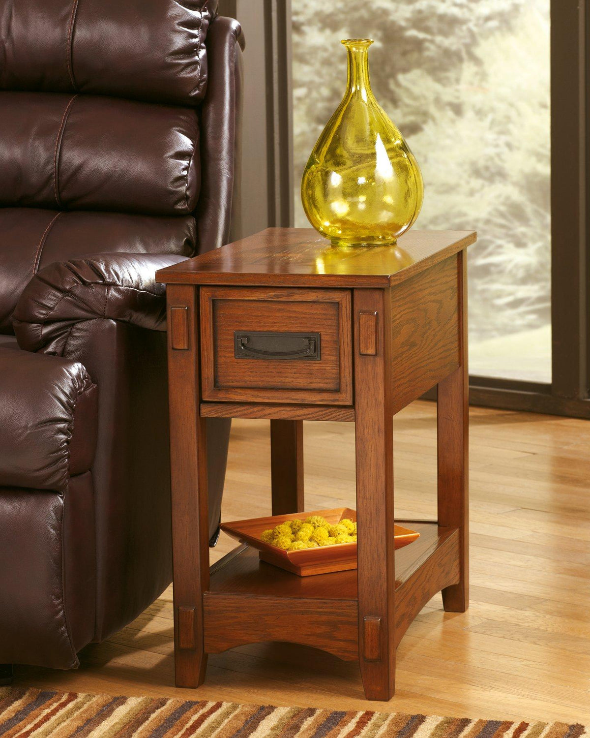 Ashley Furniture Breegin chairside end table with a wooden surface and modern design, perfect for living room or side placement.