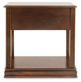 Ashley Furniture Breegin chairside end table with wooden top and sleek black metal legs, perfect for living room or seating area.