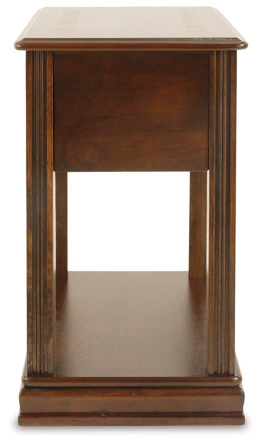 Ashley Furniture Breegin chairside end table with a wooden top and tapered legs, perfect for living room or bedroom use.