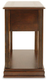 Ashley Furniture Breegin chairside end table with a wooden top and tapered legs, perfect for living room or bedroom use.