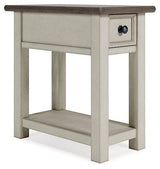 Ashley Furniture Bolanburg chairside end table with a wood finish, featuring a single drawer and open shelf for living room use.
