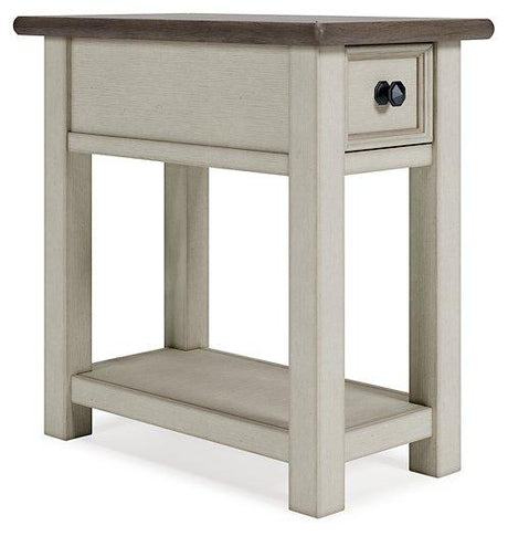 Ashley Furniture Bolanburg chairside end table with a wood finish, featuring a single drawer and open shelf for living room use.