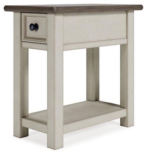Ashley Furniture Bolanburg chairside end table with a wood finish and compact design, perfect for small living spaces.
