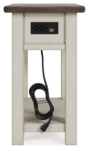 Ashley Furniture Bolanburg chairside end table with wood finish, featuring a compact design and storage shelf.