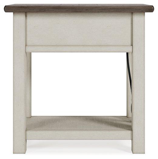 Ashley Furniture Bolanburg chairside end table with wood finish, featuring a compact design and storage drawer for small space living.