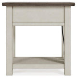 Ashley Furniture Bolanburg chairside end table with wood finish, featuring a compact design and storage drawer for small space living.