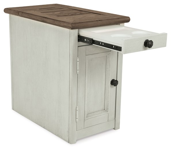 Ashley Furniture Bolanburg chairside end table with USB ports and outlets, featuring a modern design and open storage compartments.
