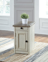 Ashley Furniture Bolanburg chairside end table with USB ports, outlets, and a modern wooden design for convenient side table use.