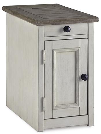 Ashley Furniture Bolanburg chairside end table with USB ports and outlets, featuring a wood finish and compact design.