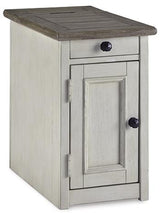 Ashley Furniture Bolanburg chairside end table with USB ports and outlets, featuring a wood finish and compact design.