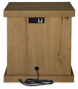 Ashley Furniture Brinstead chairside end table with wood finish and simple design, shown next to a chair in a living room setting.