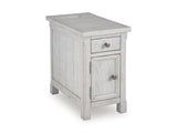 Ashley Furniture Robbinsdale chairside end table with a dark wood finish, shown at an angle highlighting its compact design.