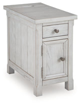 Ashley Furniture Robbinsdale chairside end table with a dark wood finish, angled design, and compact size for living room use.