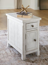 Ashley Furniture Robbinsdale chairside end table with a wooden top and tapered legs, ideal for small living space accents.