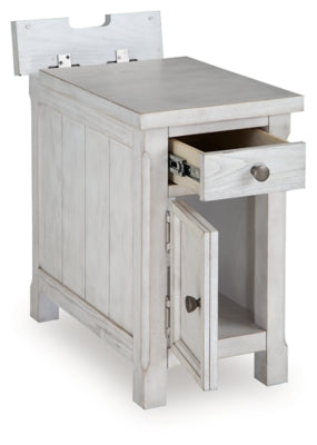 Ashley Furniture Robbinsdale chairside end table with open shelf and wood finish, shown from an angled side view.