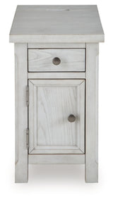 Ashley Furniture Robbinsdale chairside end table with a dark wood finish and a single drawer, shown from a head-on angle.