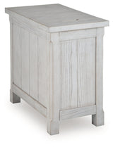 Ashley Furniture Robbinsdale chairside end table with a wooden top and storage shelf, designed for convenient living room use.