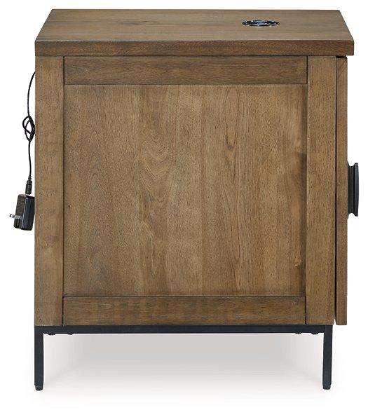 Ashley Furniture Torlanta chairside end table with a wooden surface and sleek design, perfect for living room or bedside use.